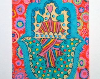 HAMSA HAND 4"x6" Fabric Postcard Unity Protection Good Fortune Health Happiness Her Him Friend Relative Quilted Appliqued Card
