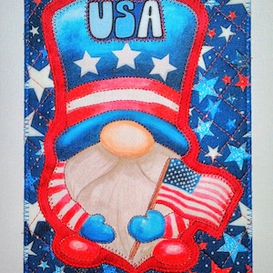 GNoME AMeRICANA PATRIOTIC USA 5 x 7 cartes postales en tissu rouge blanc bleu Elle lui, un ami proche, cadeau d'anniversaire, cadre matelassé appliqué * gnome des Etats-Unis *