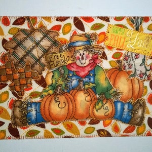 AUTUMN GREETING SCARECROW Happy Fall Y'all 5x7 Fabric Postcard Autumn Scene Pumpkins Fall Her Him Friend Relative Quilted Appliqued 5"x7"