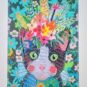 Chat noir et blanc floral 4 x 6 carte postale en tissu carte maman ami anniversaire Merci pendaison de crémaillère cadre matelassé appliqué * cadeau pour amoureux des chats *