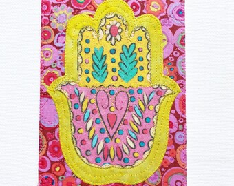 MAIN HAMSA 4 x 6 po. Carte postale en tissu Protection de l'unité Bonne fortune Santé Bonheur Elle lui Ami Carte appliquée matelassée par parenté