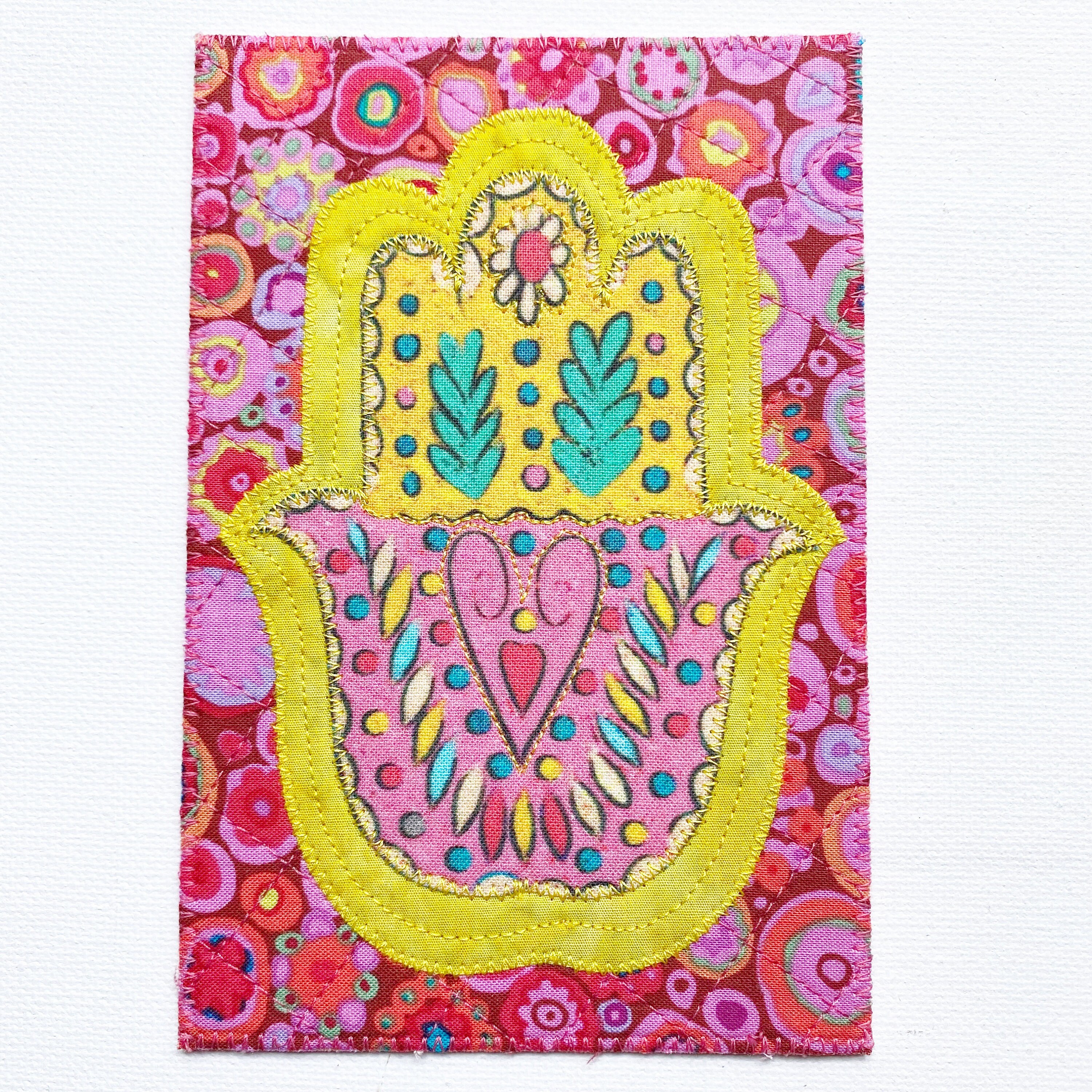 HAMSA HAND 4"x6" Fabric Postcard Unity Protection Good Fortune Health Happiness Her Him Friend Relative Quilted Appliqued Card