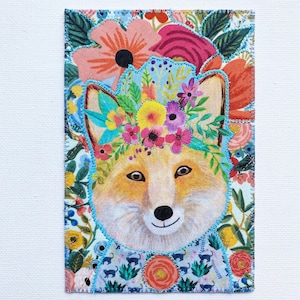 FOX AND FLOWERS Whimsical Fabric Postcard Birthday Mom Day Gift Under 10 Her Friend Mom Thanks Housewarming Frame Room Decor 4x6