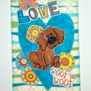 DOG LOVE WoOF WOoF Cartão postal de tecido 4x6 Cartão de aniversário Ela Ele Criança Parente Amigo **Turquesa Coração** Azul não fica bem em fotos.