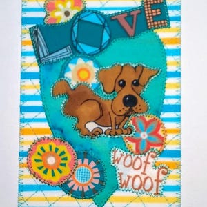 DOG LOVE WoOF WOoF Cartão postal de tecido 4x6 Cartão de aniversário Ela Ele Criança Parente Amigo **Turquesa Coração** Azul não fica bem em fotos.