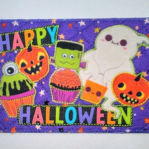 HALLOWEEN CUPCAKES FANTME 4 x 6 carte postale en tissu elle lui enfant petits-enfants ami proche * maison hantée citrouilles chauve-souris chat araignée squelette *