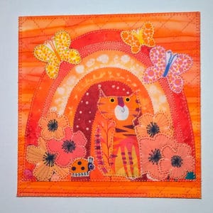 LUCKY RAINBOW CAT LADYBUG BUTTERFLIES 6x6 Inches Stoff Postkarte Geburtstag Ihr Freund Verwandte Mutter Kind Quilt Applikation wunderliche Regenbogen Art