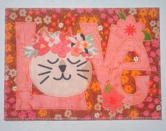 FLORAL CAT LOVE 5x7 Fabric Postcard Quilted Appliqued