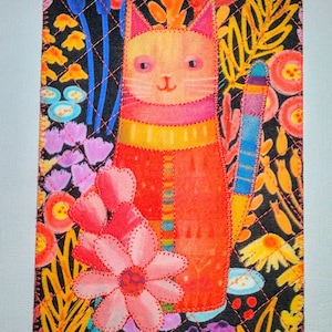 GATTO E FIORI 5x7 grande cartolina in tessuto compleanno mamma amico parente grazie inaugurazione della casa cornice arredamento camera stravagante amante dei gatti carta