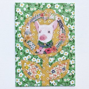 COCHON FERME fleurs décoration lunatique grande carte postale en tissu 5 x 7 cadeau d'anniversaire son amie maman Merci pendaison de crémaillère cadre « Pig Love Fun »