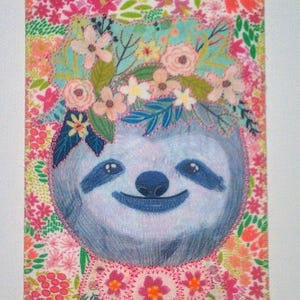 Carte postale en tissu 4 x 6 paresseux fleuri maman ami anniversaire Merci pendaison de crémaillère cadre matelassé appliqué * cadeau amateur de paresseux *