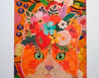 CAT AND FLOWERS Whimsical Cat Lover Fabric Postcard Birthday Mom Day Gift Under 10 Her Friend Mom Thanks Housewarm Frame Room Decor 4x6