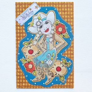 Carte postale en tissu 4 x 6 WESTERN GAL ANNIVERSAIRE Maman son ami parent Votre cow-girl préférée ! Appliqué matelassé