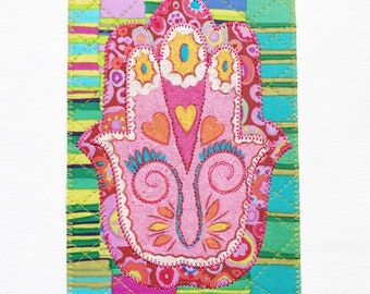 MAIN HAMSA 4 x 6 po. Carte postale en tissu Protection de l'unité Bonne fortune Santé Bonheur Elle lui Ami Carte appliquée matelassée par parenté