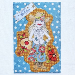 Carte postale en tissu 4 x 6 WESTERN GAL ANNIVERSAIRE Maman son ami parent Votre cow-girl préférée ! Appliqué matelassé