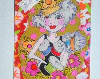 SEWING GAL Fabric Postcard *To Be Finished* *Your choice of with sewed on Happy Birthday ribbon or without* 4x6 inches Sewing Room Decor