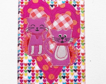 CAT LOVE HEART 4x6 Fabric Postcard Card Birthday PiNk CaTs Her Child Friend Family Send Love Gift Thank *Cat Lover*