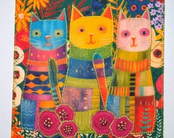 CATS AND FLOWERS 6x6 Fabric Postcard Birthday Mom Friend Relative Thank You Housewarming Frame Room Decor WhiMsIcal Cat Lover Card
