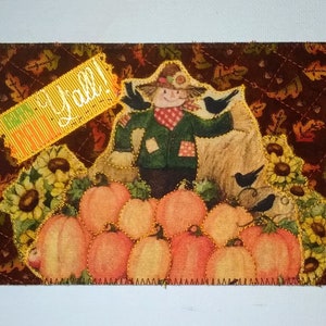 AUTUMN SCARECROW PUMPKINS Fabric 4x6 Postcard Autumn Greetings Her Him Child Friend Relative Frame Set on Easel Quilted Appliqued 4&quot;x6&quot;