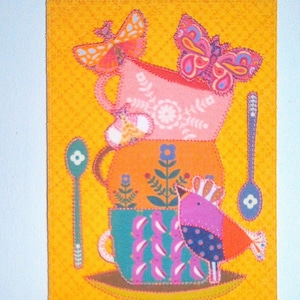 TASSES OISEAUX PAPILLON Cottagecore Love 5 x 7 Grande carte postale en tissu Anniversaire maman son amie Merci pendaison de crémaillère cadre décoration de la chambre