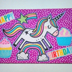 UNICORNS RAINBOWS BIRTHDAY 4"x6" Fabric Postcard Her Child Family Friend Birthday Gift Quilted Appliqued