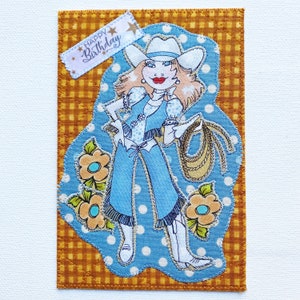 Carte postale en tissu 4 x 6 WESTERN GAL ANNIVERSAIRE Maman son ami parent Votre cow-girl préférée ! Appliqué matelassé