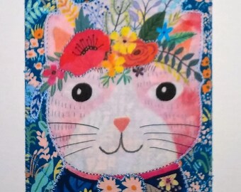 CAT AND FLOWERS Whimsical Cat Lover Fabric Postcard Birthday Mom Day Gift Under 10 Her Friend Mom Thanks Housewarm Frame Room Decor 4x6