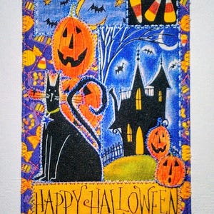 Carte postale en tissu 4 x 6 cm Boo CATS HALLOWEEN Elle lui enfant petits-enfants ami proche * citrouilles de la maison hantée chauve-souris chat noir *