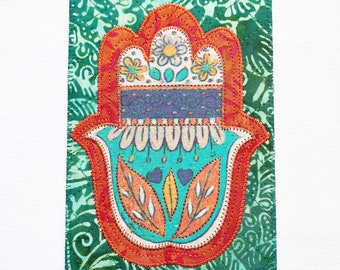MAIN HAMSA 4 x 6 po. Carte postale en tissu Protection de l'unité Bonne fortune Santé Bonheur Elle lui Ami Carte appliquée matelassée par parenté
