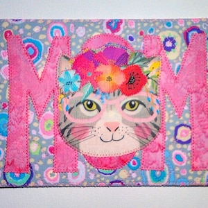 MAMAN CHAT 5 x 7 po. Grande carte postale en tissu ** lettres roses * cadre parent de maman cadeau son amie remerciements pendaison de crémaillère matelassée appliqué