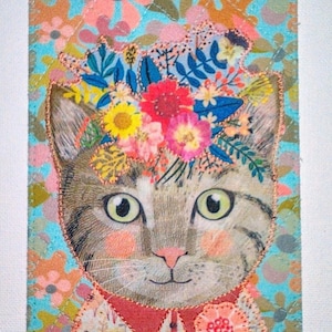 Chat et fleurs fantaisistes amoureux des chats 4 x 6 carte postale en tissu anniversaire maman ses amis cadre décoration de la chambre * amour chat tigré *