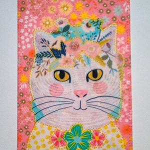 Chat et fleurs fantaisistes amoureux des chats 4 x 6 carte postale en tissu anniversaire maman ses amis cadre décoration de la chambre * chat blanc mignon amour *