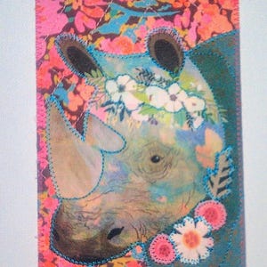 RHINOCÉROS floral 4 x 6 carte postale carte maman ami anniversaire Merci pendaison de crémaillère cadre matelassé appliqué * cadeau amateur de rhinocéros *