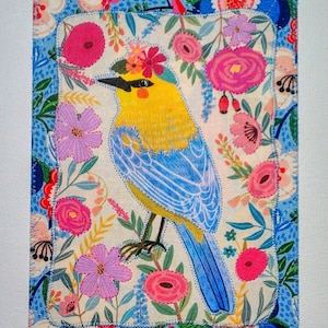 Amarelo azul pássaro amor floral 5x7 tecido cartão postal mãe aniversário seu amigo ela galpão obrigado housewarm presente quadro * flores de pássaro *