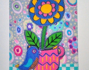 A CUP of FLOWER and a BiRd 4"x6" Fabric Postcard Whimsical Unique Birthday GiFt Her Friend Mom Thanks Housewarm Frame Decor