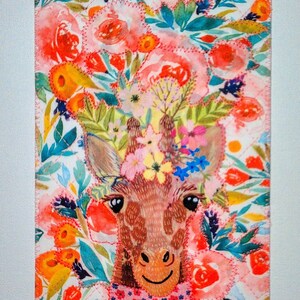 GIRAFFE AND FLOWERS 5x7 Large Fabric Postcard Birthday Mom  Relative Friend *Peachy Pinks*