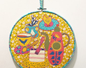 HOOP ART TEA and Dessert Unique Birthday Gift Her Friend Relative Hang Set on Easel *10.5 inch diameter* Yarn Wrapped Frame Quilted Applique