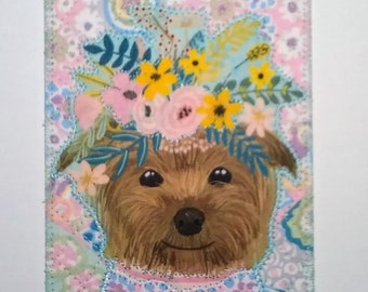 YORKIE TERRIER FLOWERS Dog Lover Fabric Postcard Birthday Mom Day Gift Her Friend Mom Thanks Housewarm Frame Room Decor 4x6