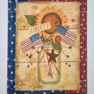 AMERICANA LIBERTY SUNFLOWER 5 x 7 grote stof ansichtkaart verjaardag gewatteerd geappliceerd * land rood blauw ecru * vlaggen bloemen rustiek prim