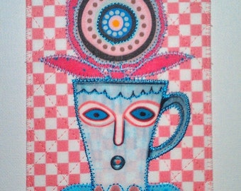 Dahling, you look marvelous! CUP LADY FLOWER 4x6 Fabric Postcard Birthday Mom Relative Friend Quilted Appliqued
