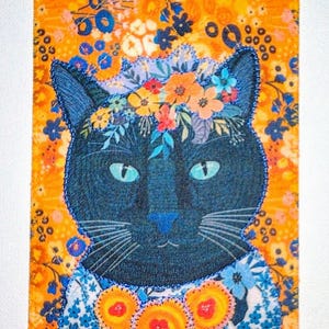 Chat et fleurs fantaisistes amoureux des chats 4 x 6 carte postale en tissu anniversaire maman ses amis cadre décoration de la chambre * amour chat siamois noir *