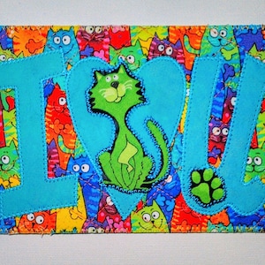 Carte postale en tissu chat de 4 x 6 po. Lettres bleu sarcelle, elle lui enfant, ami de la famille, cadeau d'anniversaire, décoration de la chambre, appliques de couette