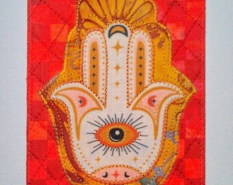 MAIN HAMSA 4 x 6 po. Carte postale en tissu Protection de l'unité Bonne fortune Santé Bonheur Elle lui Ami Carte appliquée matelassée par parenté