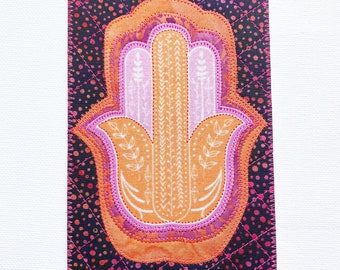 HAMSA HAND 4"x6" Fabric Postcard Unity Protection Good Fortune Health Happiness Her Him Friend Relative Quilted Appliqued Card