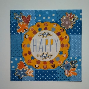 HAPPY 6x6 Fabric Birthday CHILDREN FLOWERS Her Friend Relative Mom Frame Set on Easel Quilt Applique