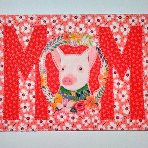 MAMAN COCHON 5 x 7 pouces grande carte postale en tissu cadeau d'anniversaire son amie maman merci animal de la ferme Cochon MaMA * tissu corail * amoureux des cochons