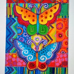 J'APERÇonne UN PAPILLON ou DEUX ! Grande carte postale en tissu fantaisiste, grande carte postale colorée et lumineuse, anniversaire de maman, remerciements d'une amie * Laurel Burch, papillons *