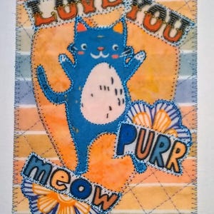 CAT LOVE MEOW PuRR 4x6 Fabric Postcard Card Birthday Her Him Child Grandkids Relative Friend