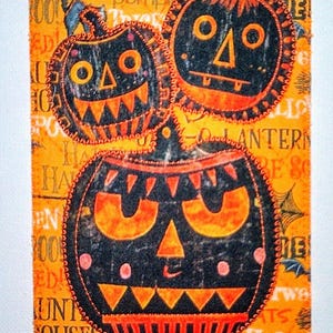 TRIO DE ABÓBORA DE HALLOWEEN 4x6 Cartão Postal de Tecido Ela Ele Filho Netos Parente Amigo Acolchoado Apliques HALLOWEEN Fun!