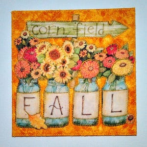 AUTOMNE TOURNESOL 6 x 6 pouces tissu carte postale anniversaire ami parente maman cadre courtepointe appliqué * tournesols mamans ZiNNIAS * heureux automne
